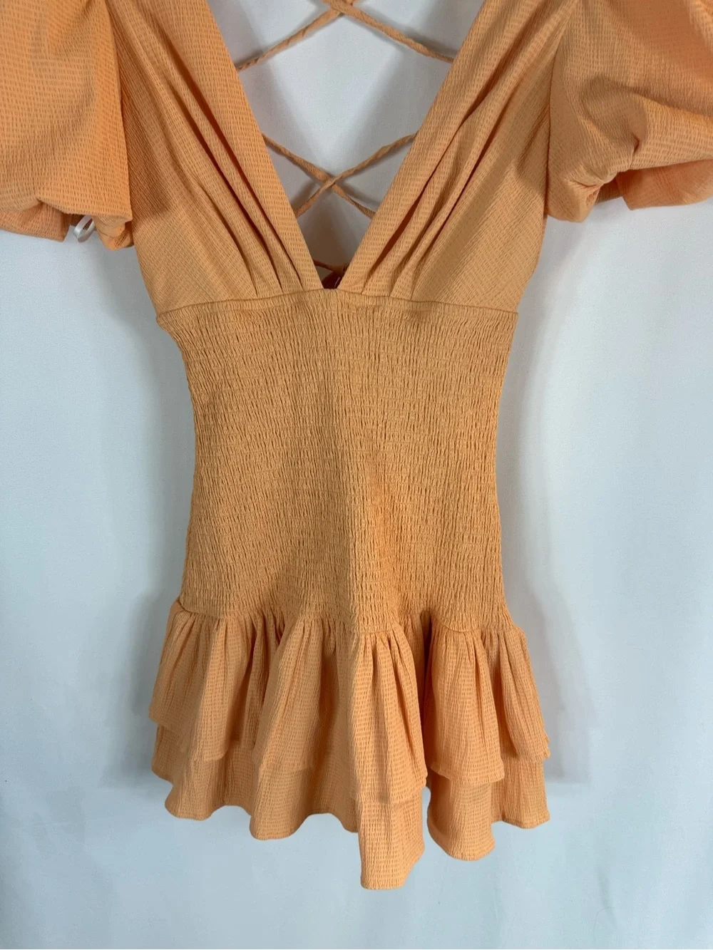 NWT Hello Molly Apricot Puff Sleeve Smocked Mini Dress size: XS